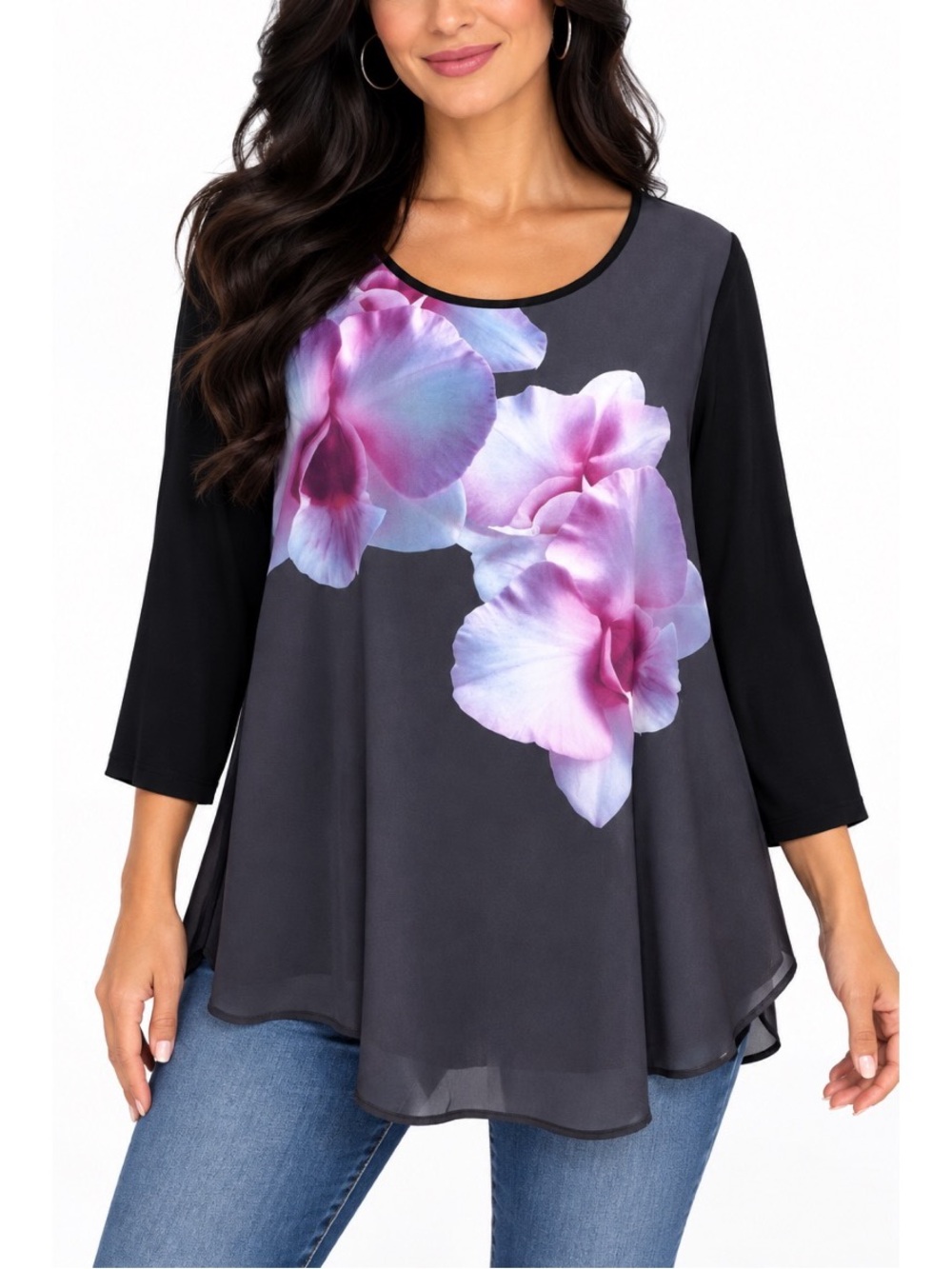 Ava James black tunic top features a beautiful oversized floral print in purple
